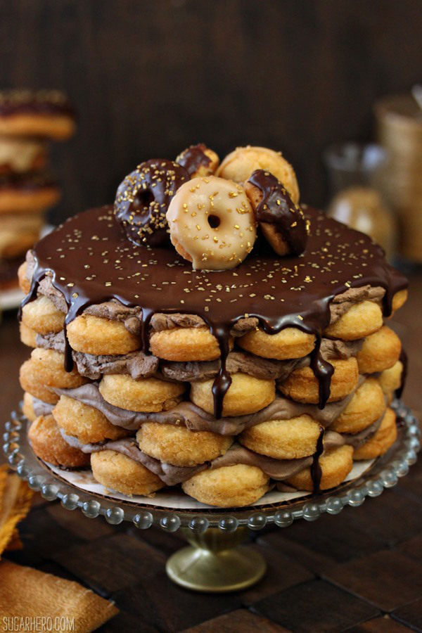 doughnut layer cake with mocha whipped cream